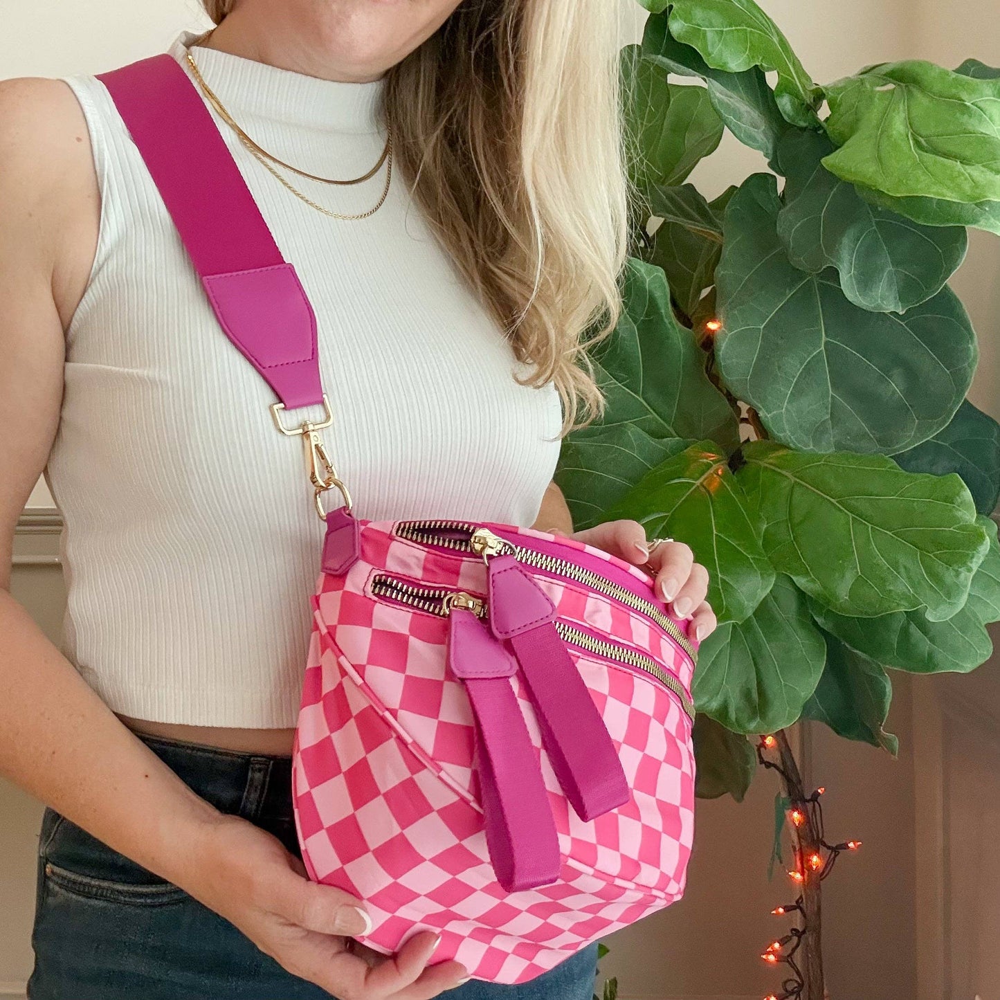 Oversized Crossbody Belt Bum Bag Hot Pink Check