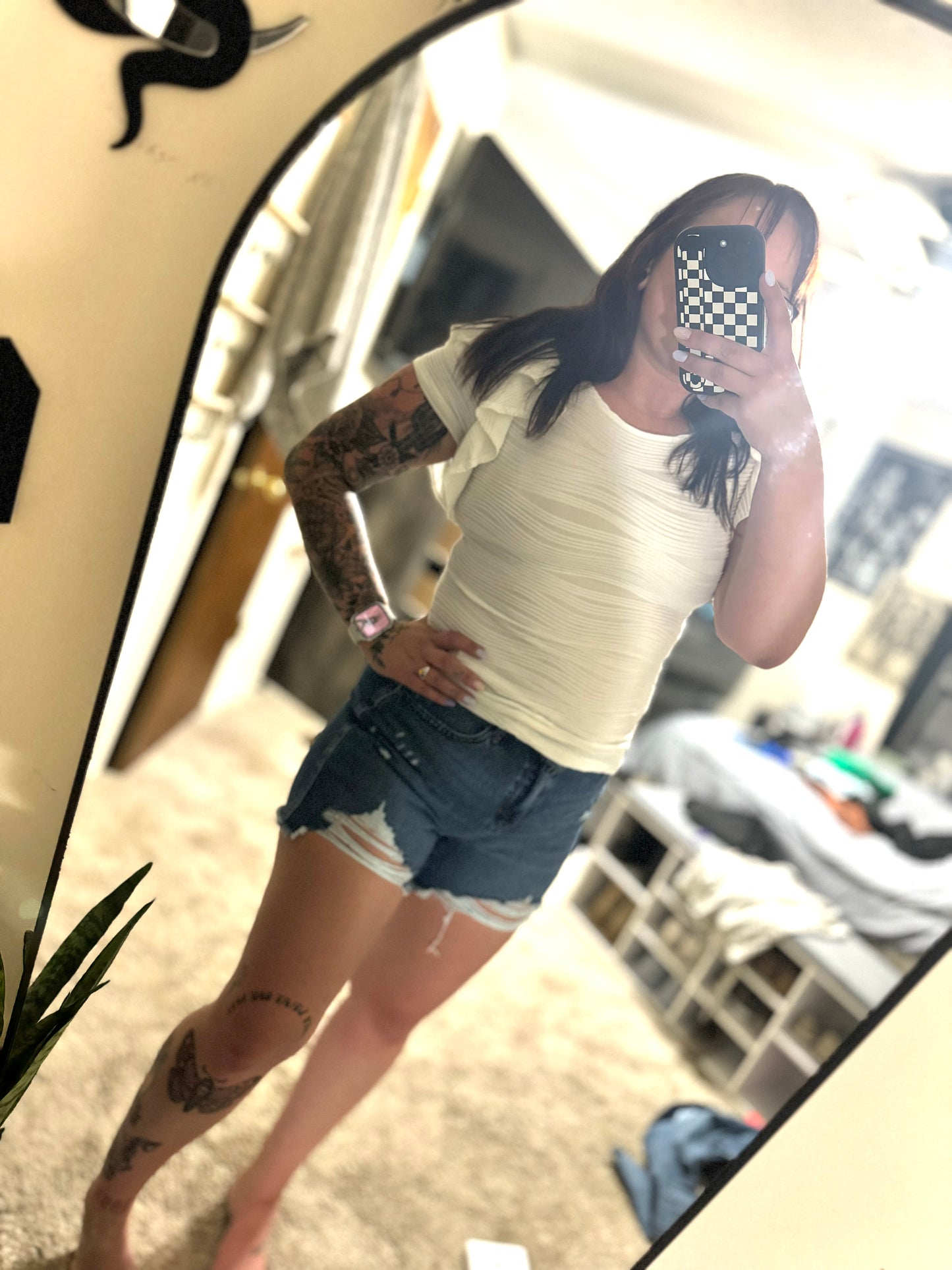 White textured flutter sleeve top
