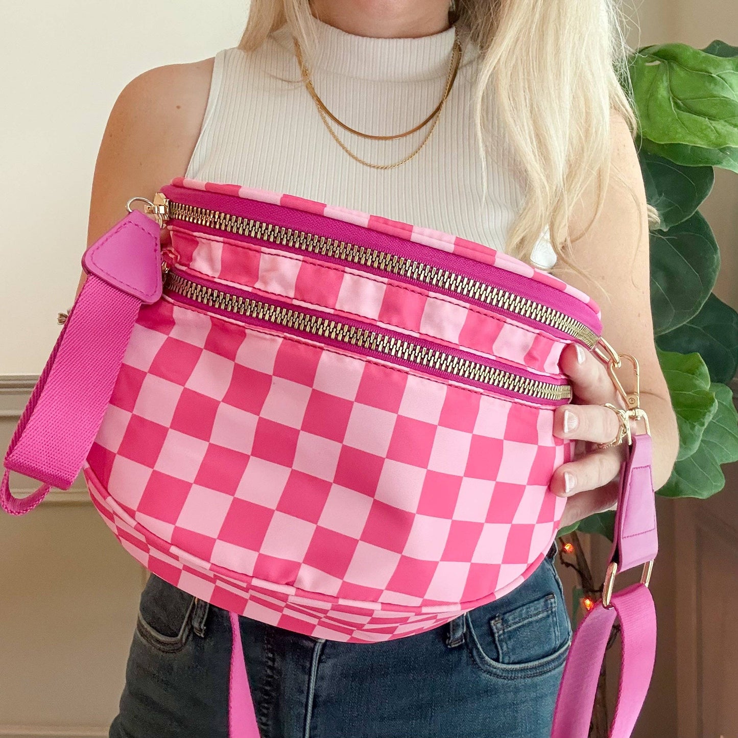 Oversized Crossbody Belt Bum Bag Hot Pink Check