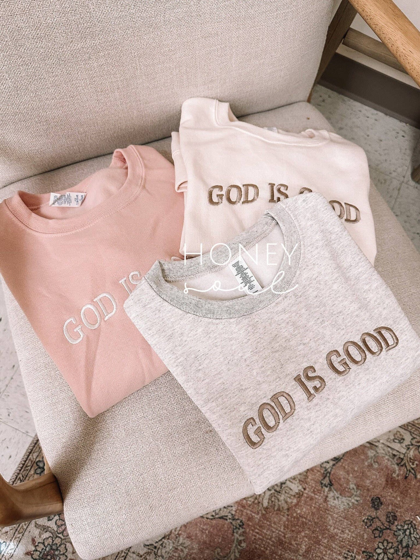 Honey Soul LLC - Embroidered GOD IS GOOD Sweatshirt: Dusty Pink / Medium