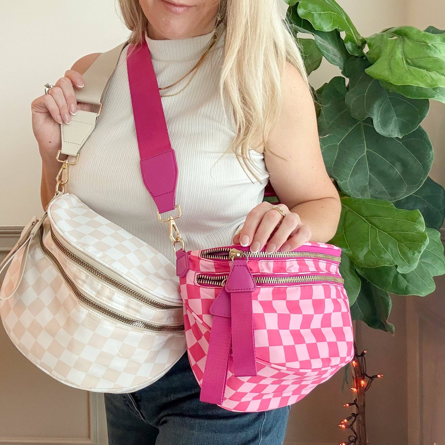 Oversized Crossbody Belt Bum Bag Hot Pink Check