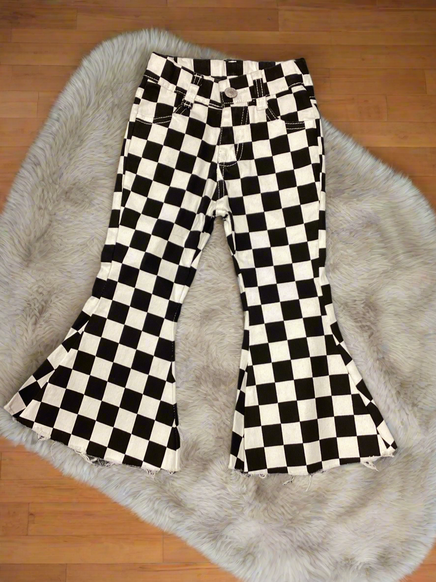 Black and white checkered flare jeans