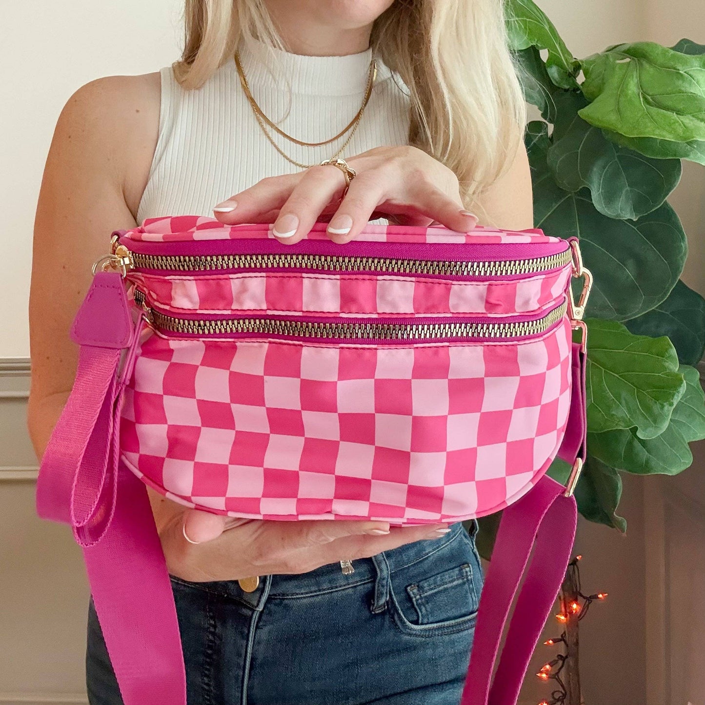 Oversized Crossbody Belt Bum Bag Hot Pink Check