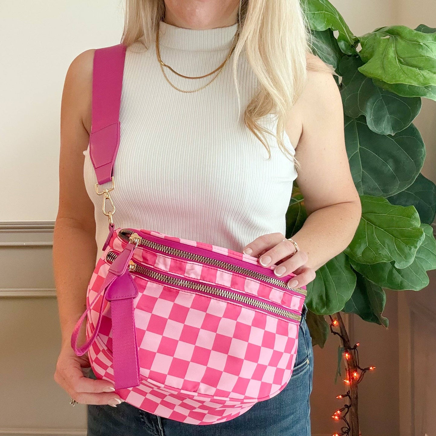 Oversized Crossbody Belt Bum Bag Hot Pink Check