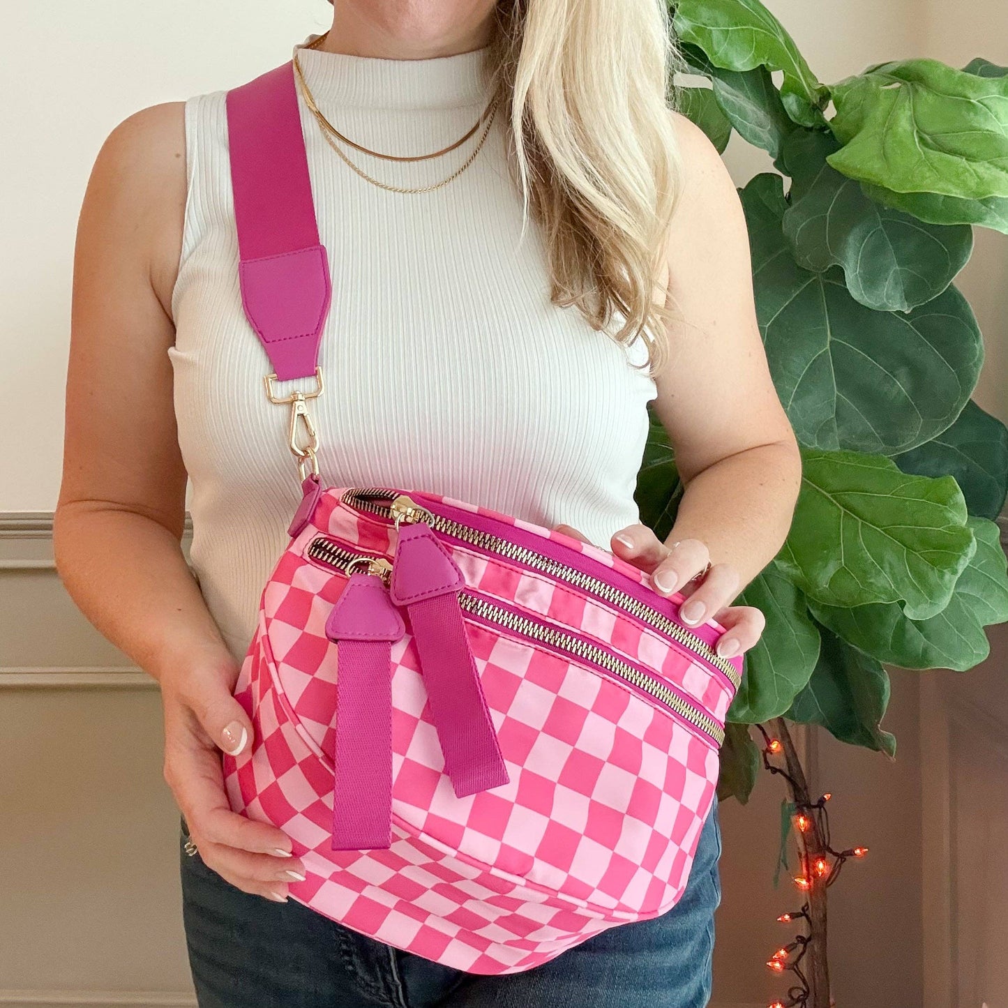 Oversized Crossbody Belt Bum Bag Hot Pink Check