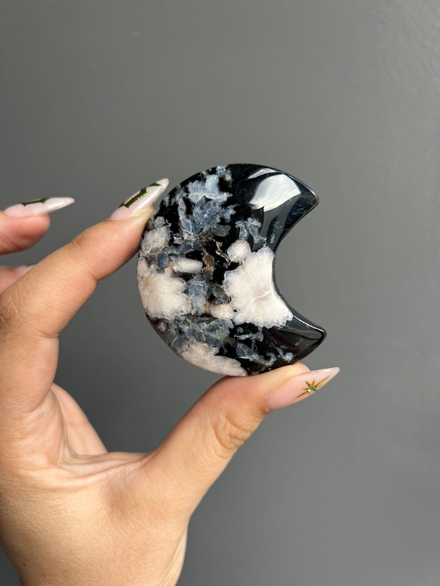 Sapphire & Sage - Black Flower Agate Crystal Moon