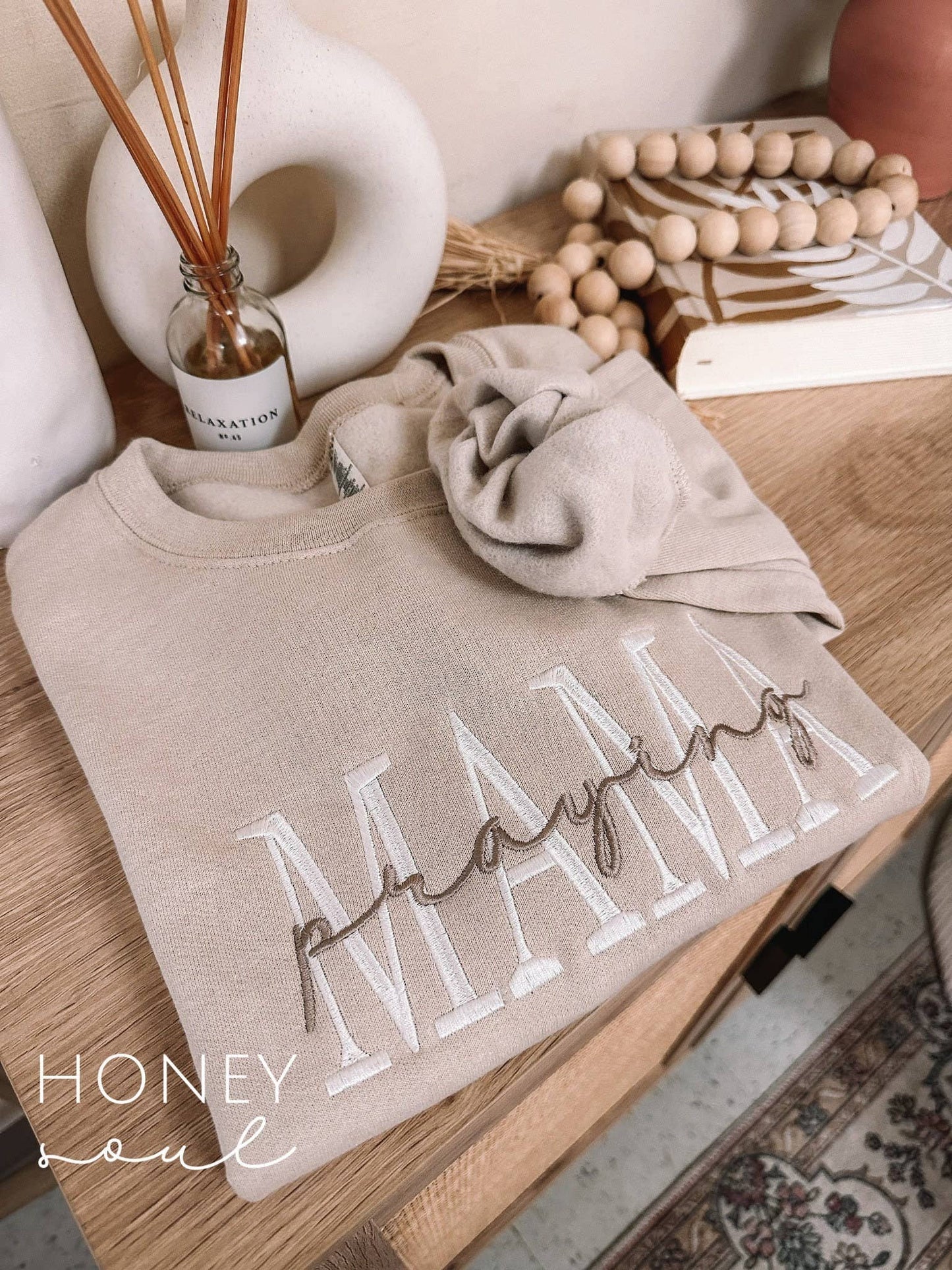 Honey Soul LLC - Embroidered Praying Mama SAND Sweatshirt ORIGINAL: XLarge / Sweatshirt