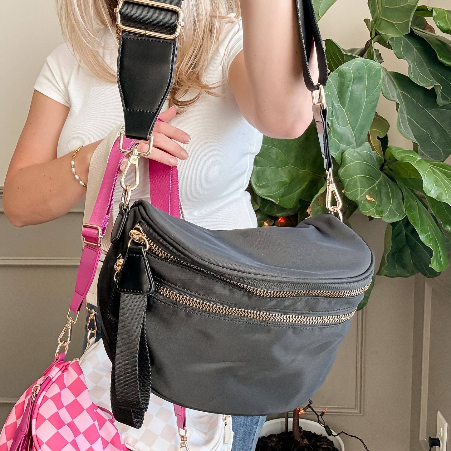 Oversized Crossbody Belt Bum Bag Hot Pink Check