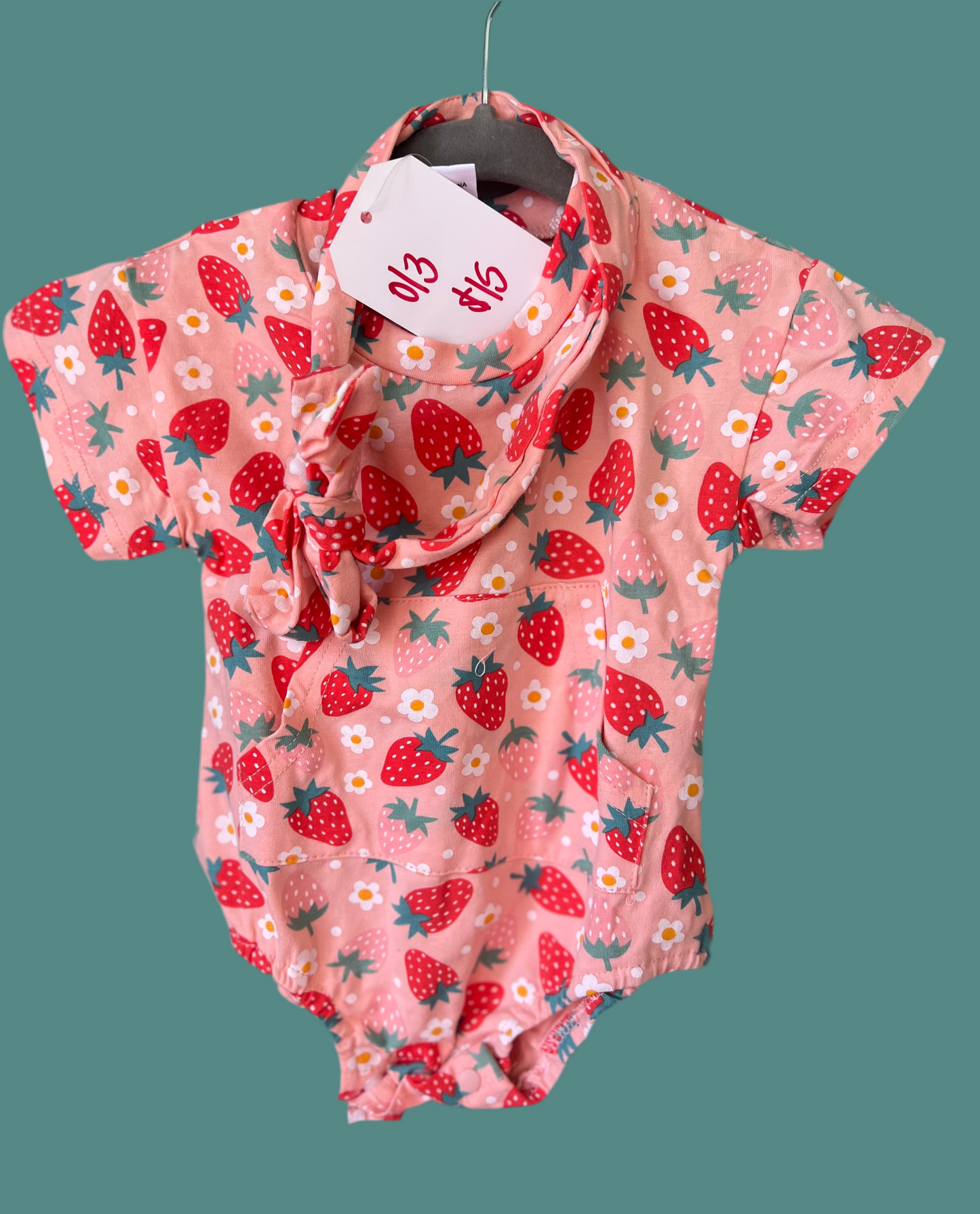 Strawberry Daisy Print Romper w Pocket & Headband
