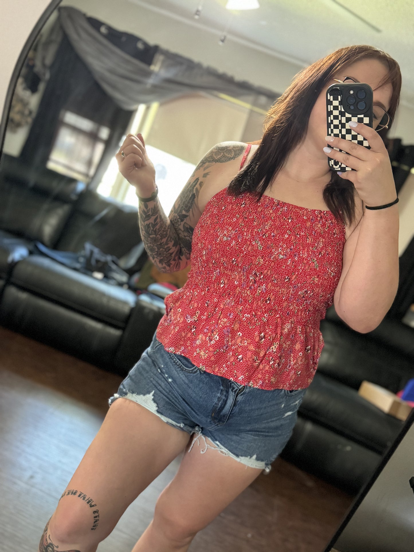 Red Floral shirred tank top