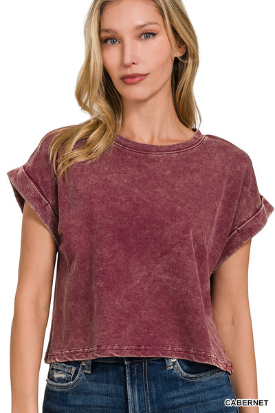 ACID WASH FRENCH TERRY FOLDED SLEEVE TOP