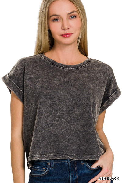 ACID WASH FRENCH TERRY FOLDED SLEEVE TOP