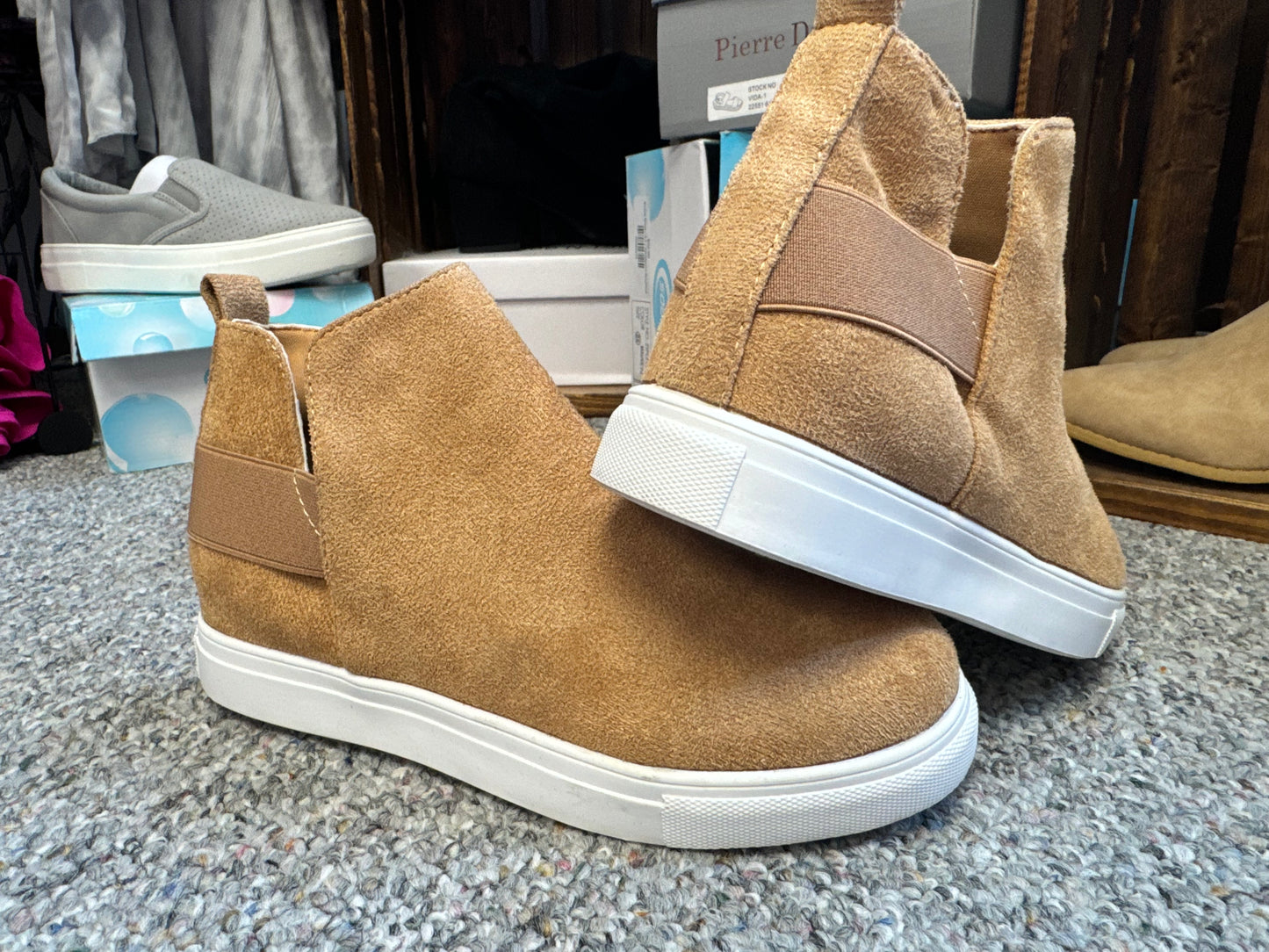 Light brown suede flat wedges