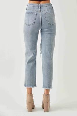 Risen distressed high rise straight jeans