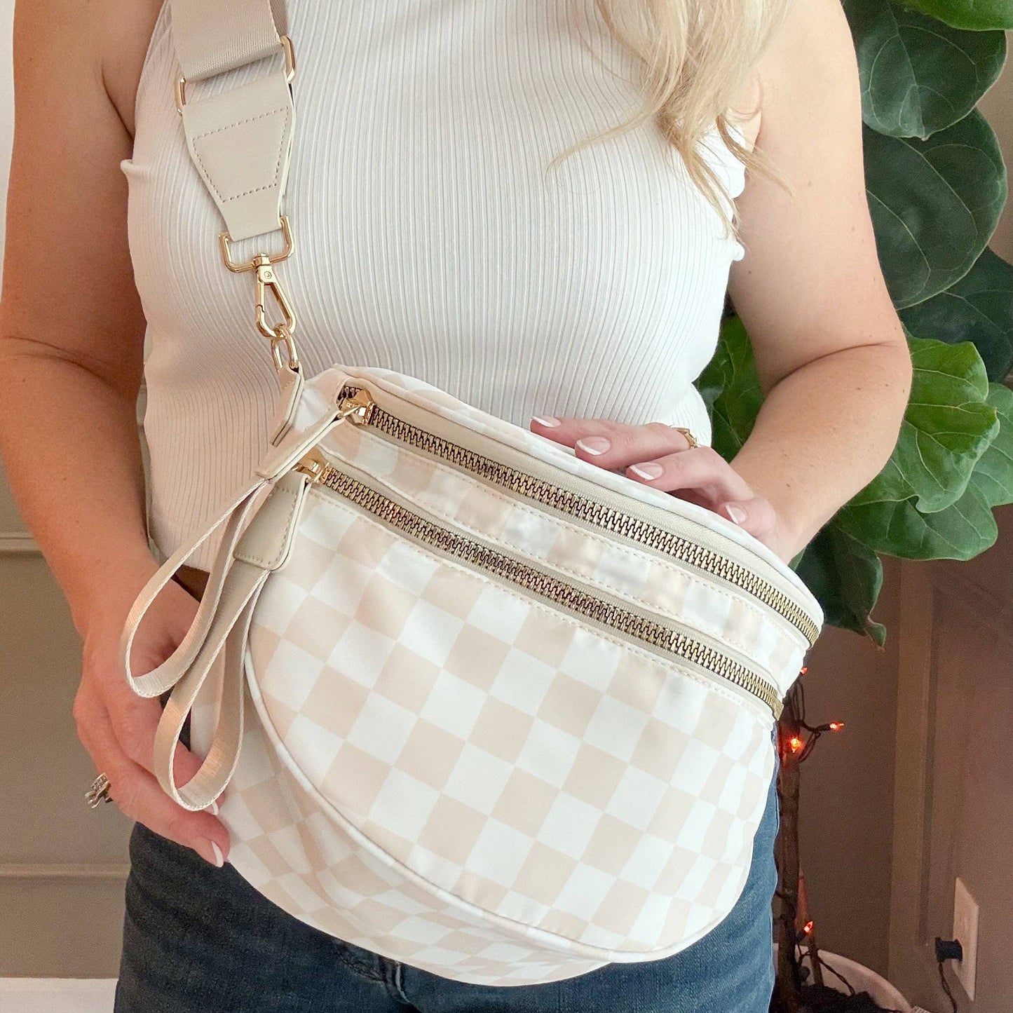 Oversized Crossbody Belt Bum Bag Hot Pink Check
