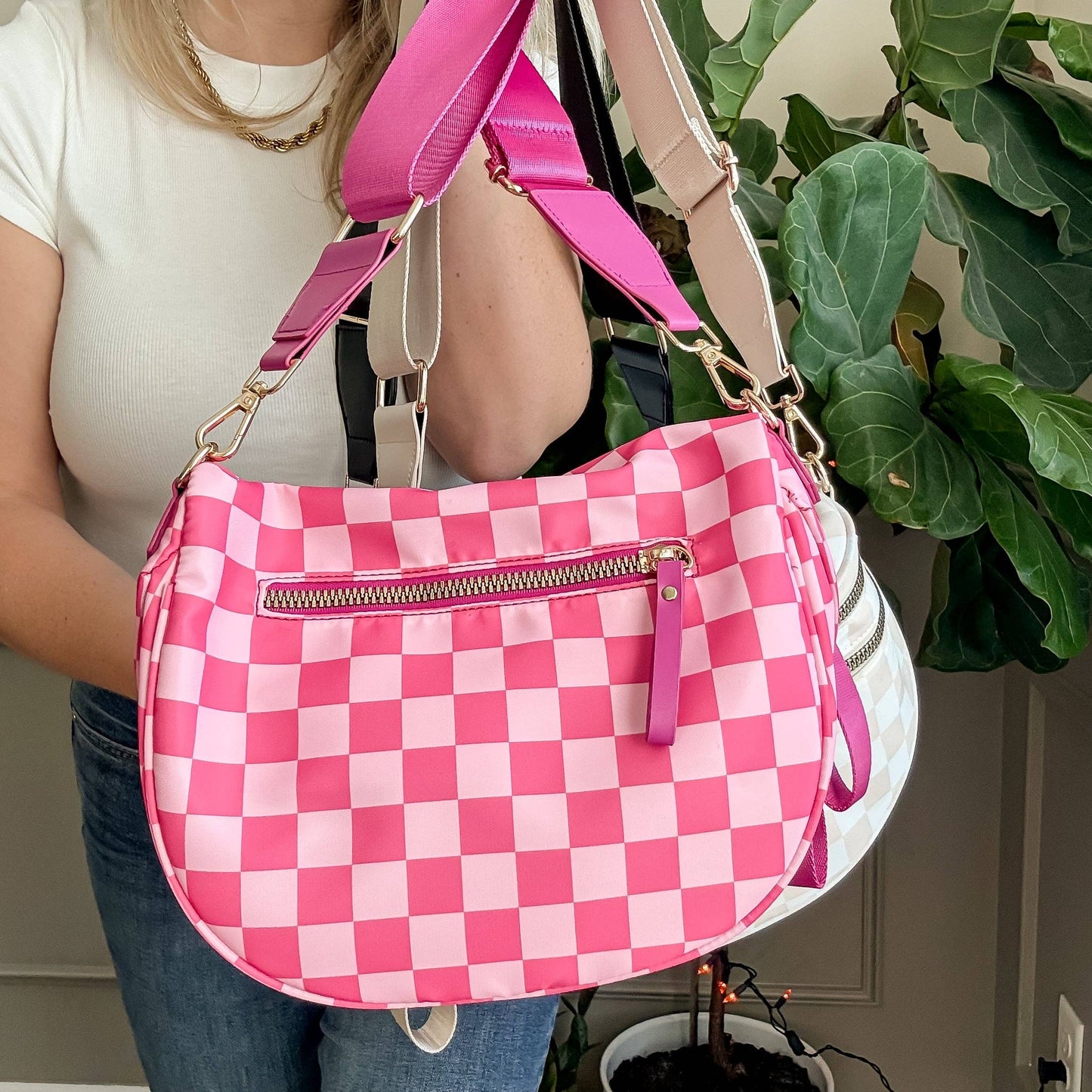 Oversized Crossbody Belt Bum Bag Hot Pink Check