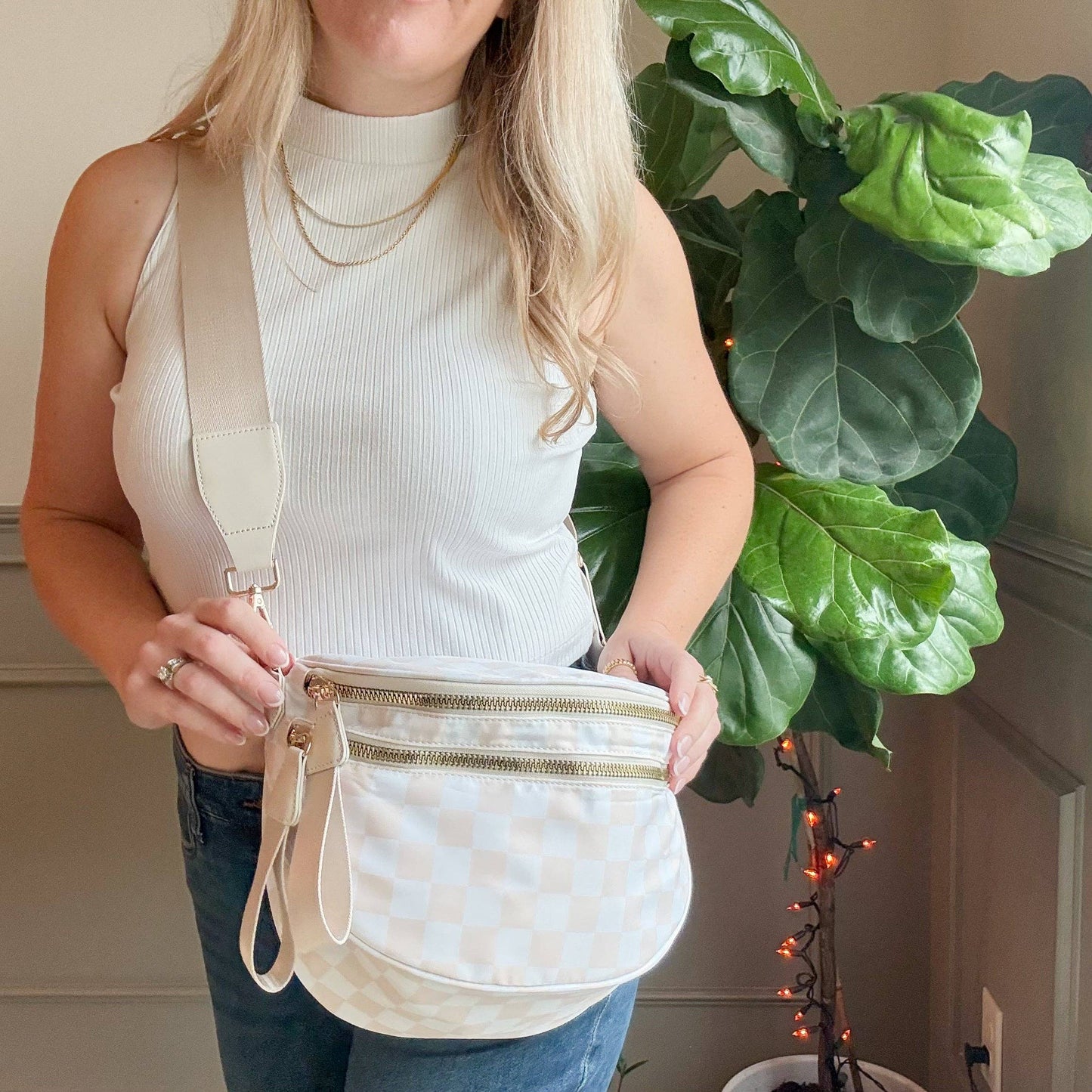 Oversized Crossbody Belt Bum Bag Hot Pink Check