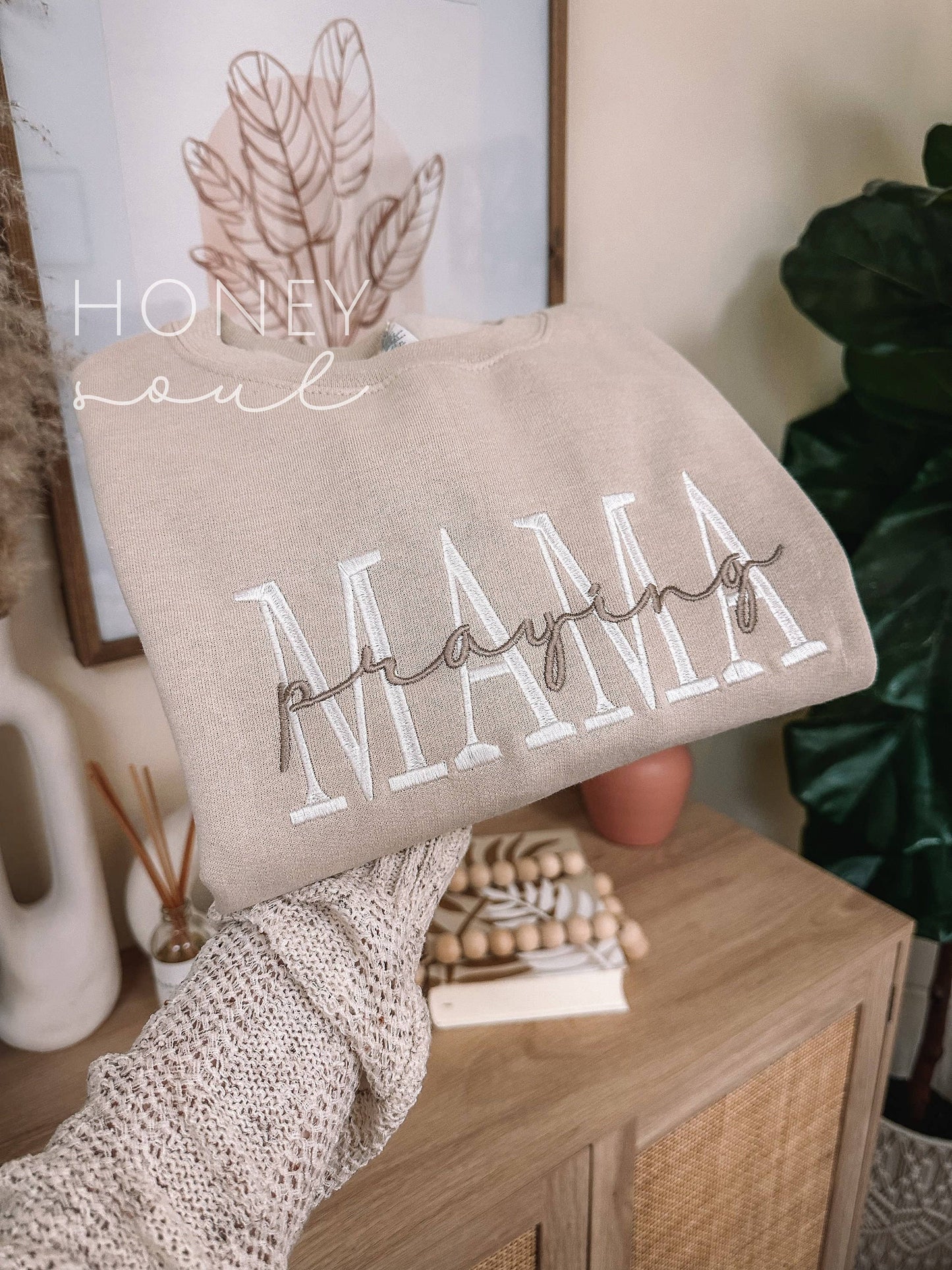 Honey Soul LLC - Embroidered Praying Mama SAND Sweatshirt ORIGINAL: XLarge / Sweatshirt