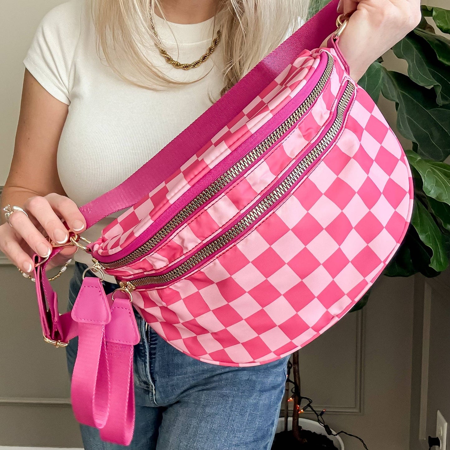 Oversized Crossbody Belt Bum Bag Hot Pink Check