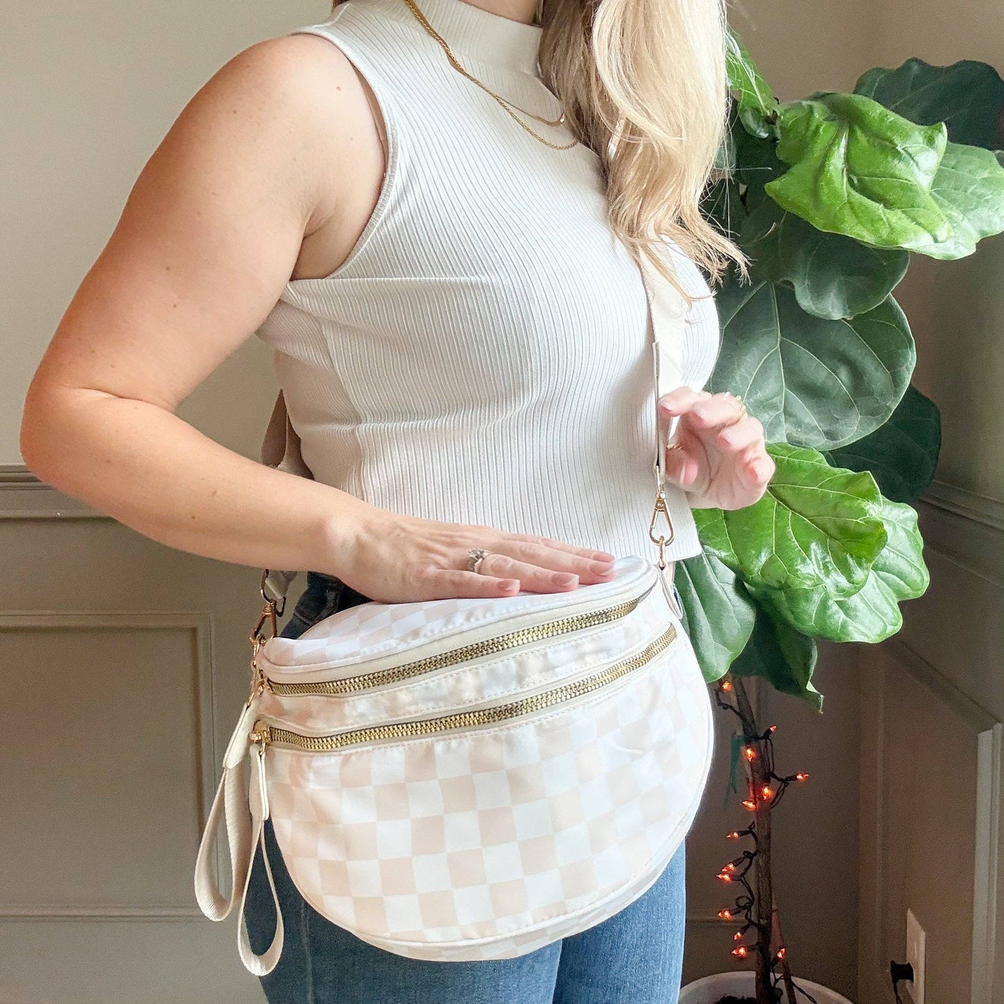 Oversized Crossbody Belt Bum Bag Hot Pink Check