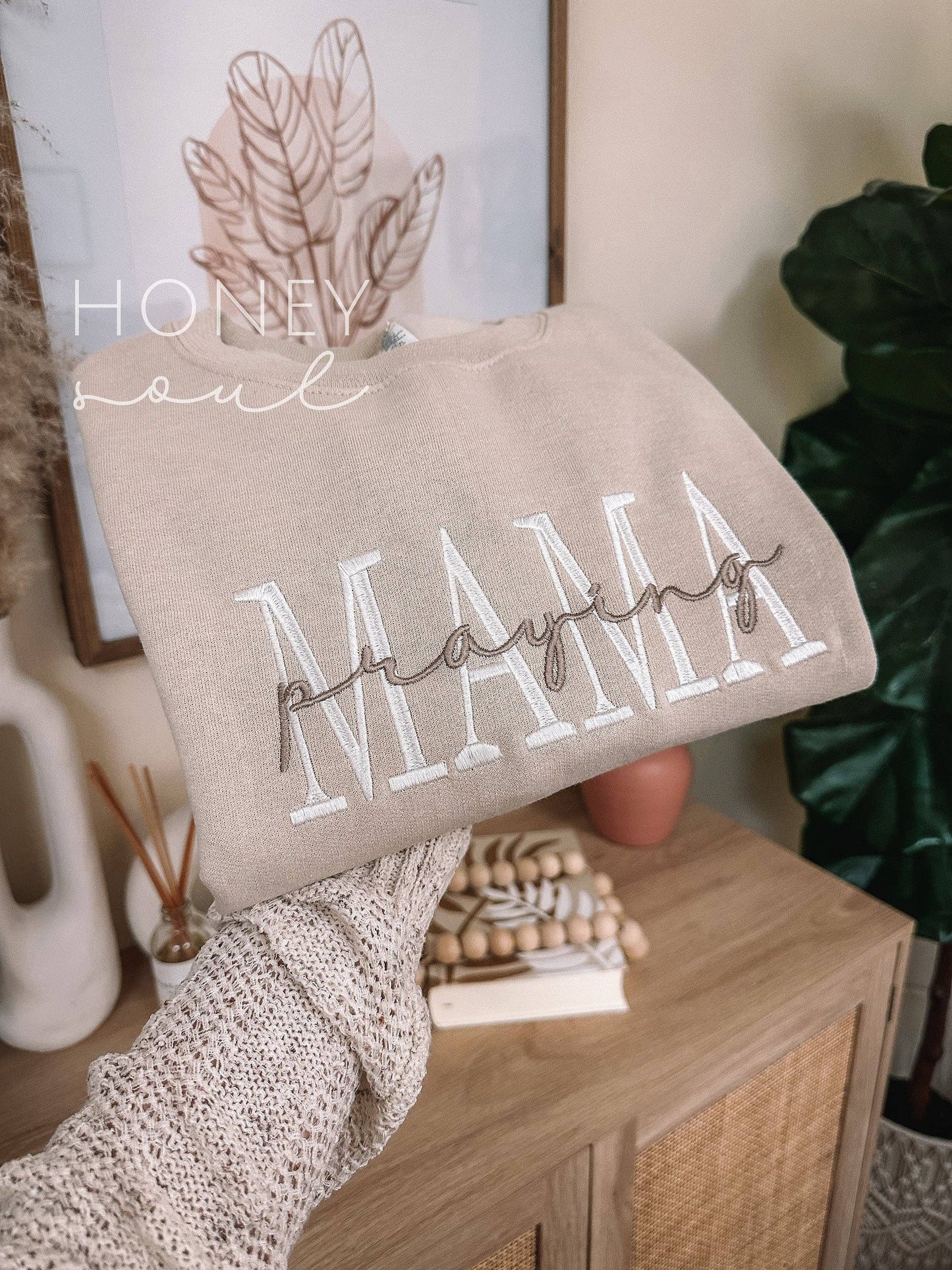 Honey Soul LLC - Embroidered Praying Mama SAND Sweatshirt ORIGINAL: XLarge / Sweatshirt