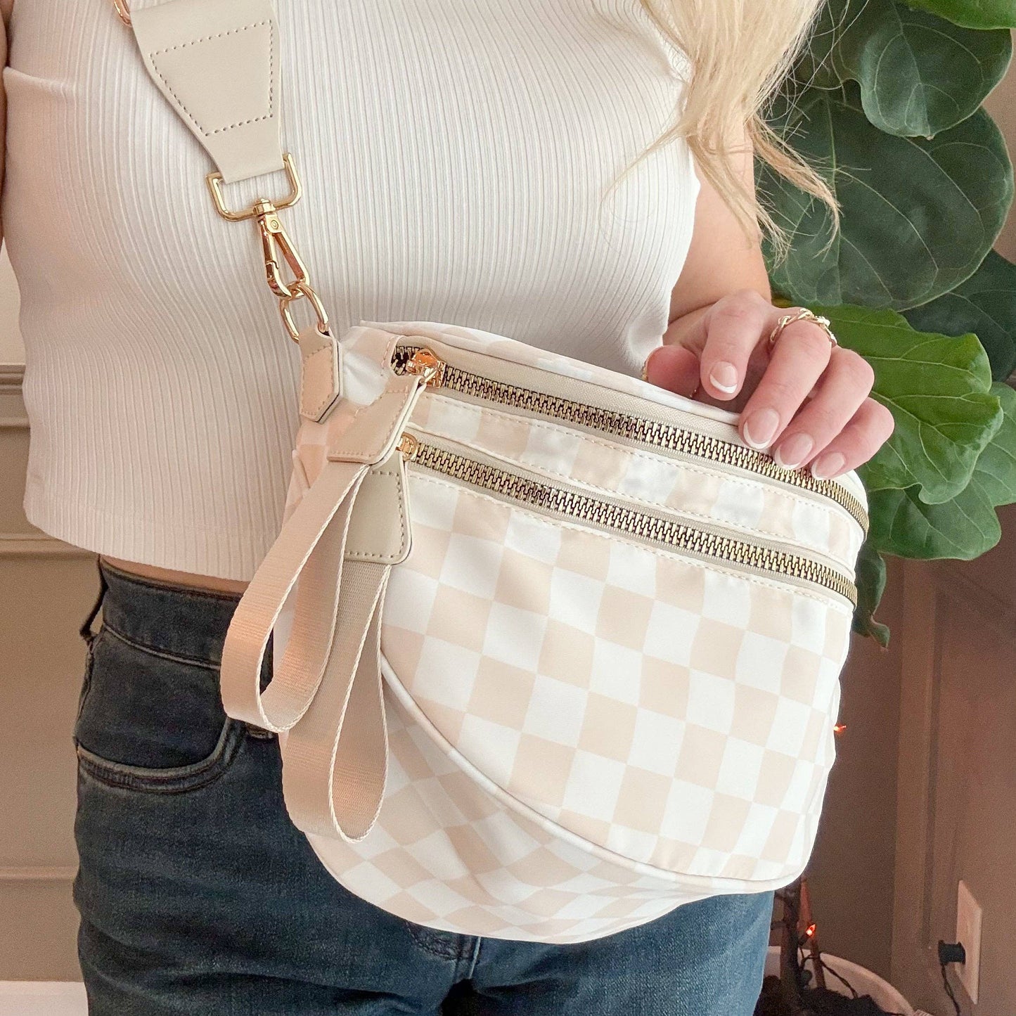 Oversized Crossbody Belt Bum Bag Hot Pink Check
